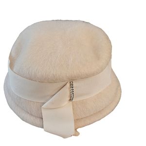 1950's Woman's Vintage Bucket Hat Wool Ivory Adorned With Rhinestones Medium